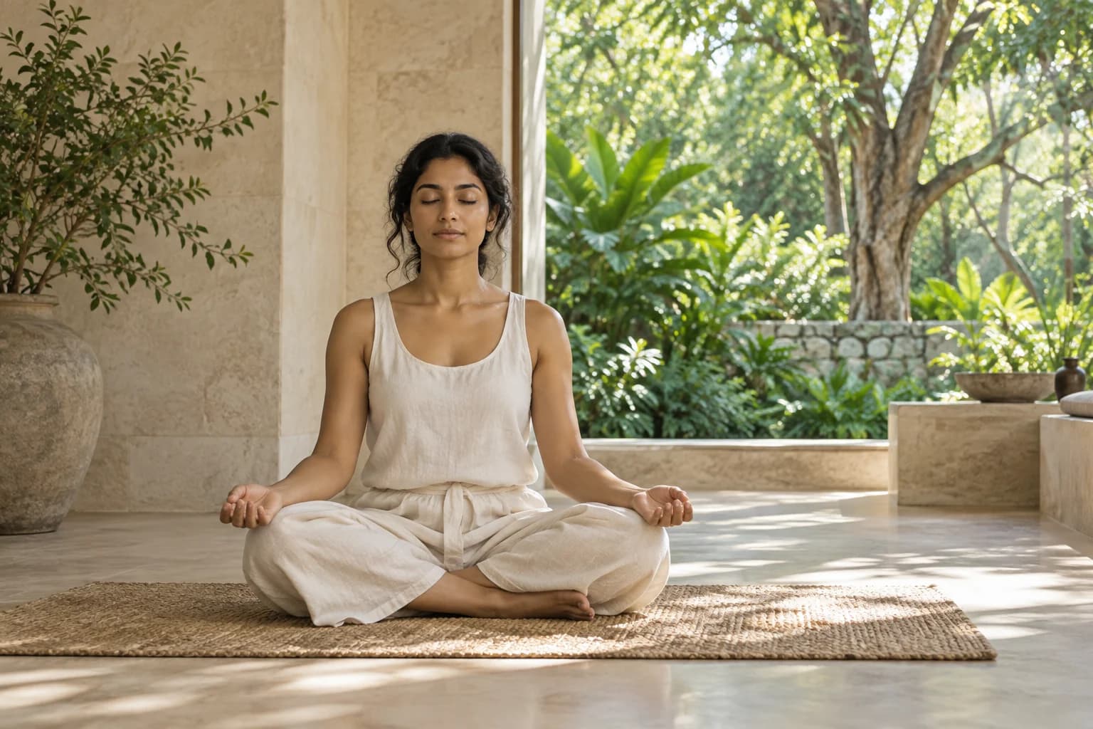 Illustrative seated meditation practice in a sunlit interior